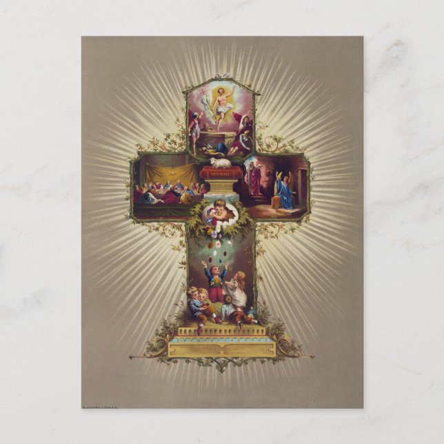 Cross with Biblical Scenes Children & Easter Eggs Holiday Postcard (Front)