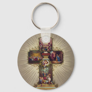 Cross with Biblical Scenes Children & Easter Eggs Key Ring