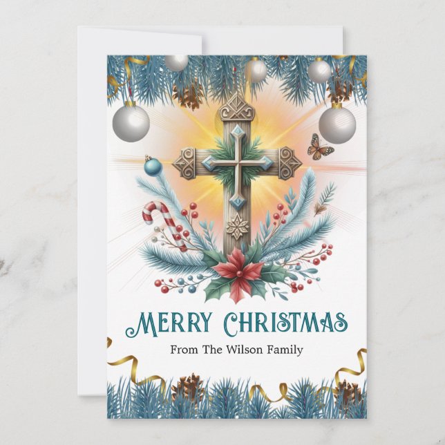 Cross with Candy Canes and Poinsettia, Christmas Holiday Card (Front)