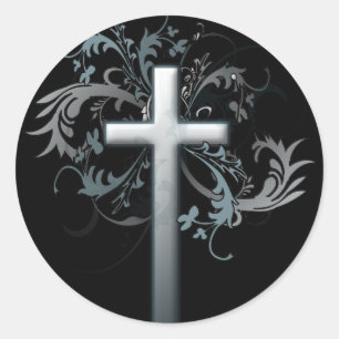 Cross with floral graphics classic round sticker
