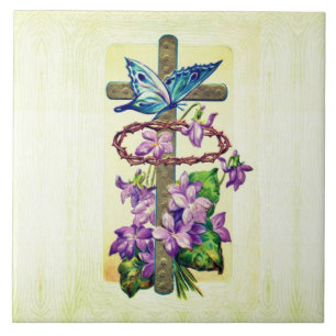 Cross With Flowers Ceramic Tile