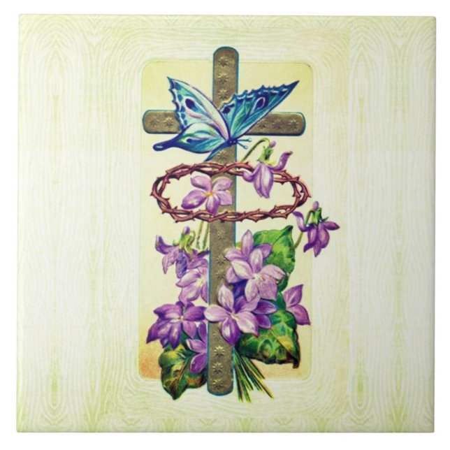 Cross With Flowers Ceramic Tile (Front)