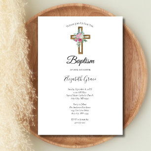 Cross with Pink Flowers Christening Baptism Invitation