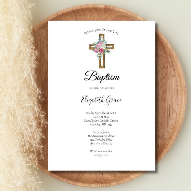 Cross with Pink Flowers Christening Baptism Invitation (Wooden Cross with flowers Baptism Christening Invitation. Printed or Digital download)