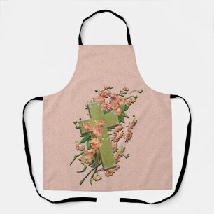 Cross with Pink Flowers on Gold Damask Pink Apron