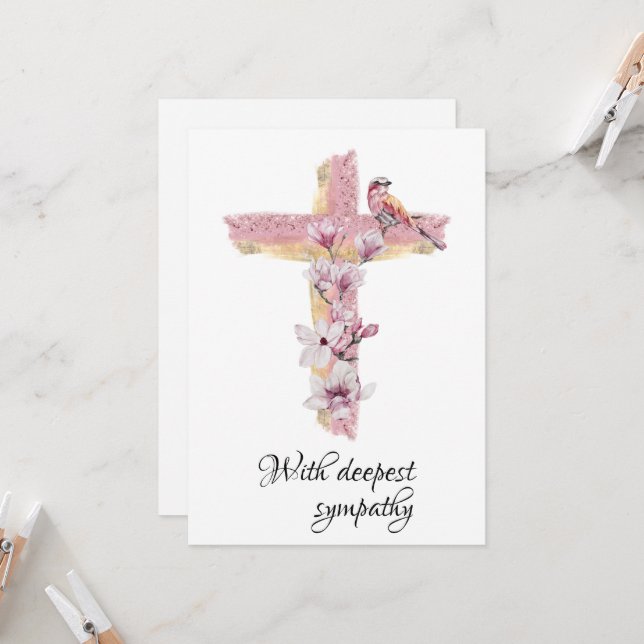 Cross with pink magnolias sympathy card (Front/Back In Situ)