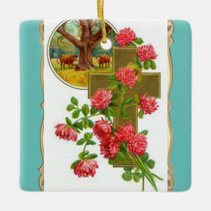 Cross With Red Carnations Ceramic Ornament