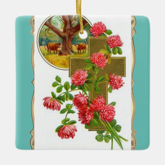 Cross With Red Carnations Ceramic Ornament (Front)