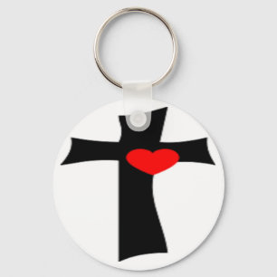 CROSS WITH RED HEART KEY RING
