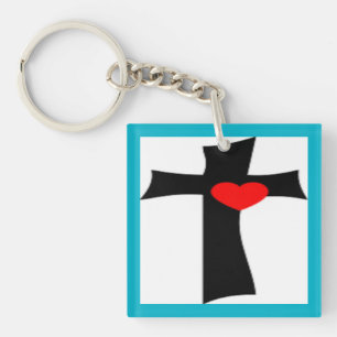 CROSS WITH RED HEART KEY RING
