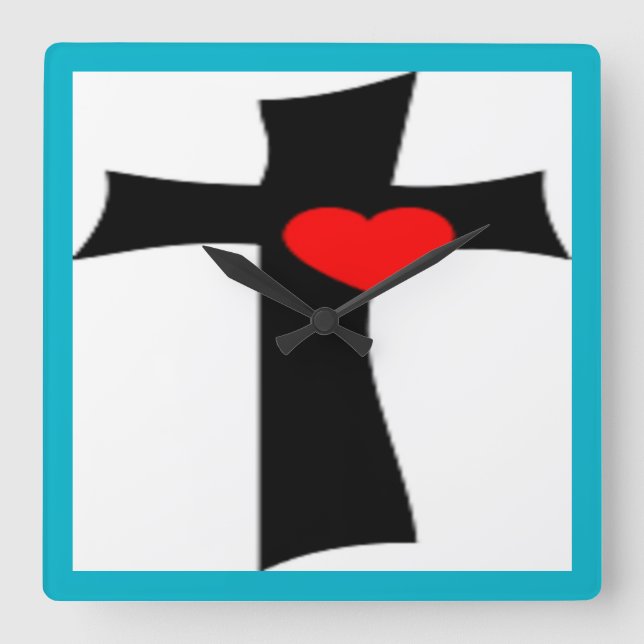 CROSS WITH RED HEART SQUARE WALL CLOCK (Front)