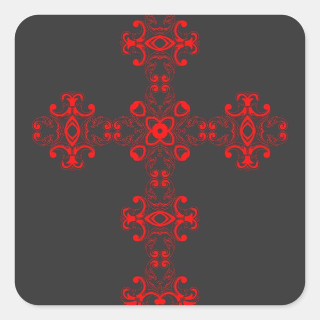 Cross with red ornament square sticker (Front)