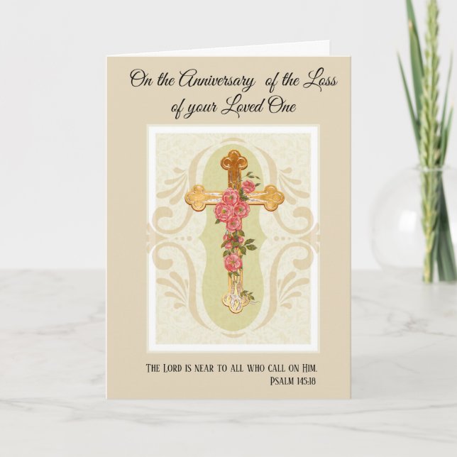 Cross with Roses Anniversary of Death Loved One Card (Front)