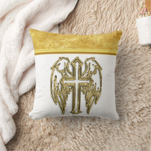 Cross with wings and white and gold foil design cushion