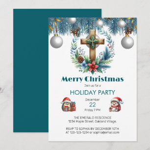 Cross with Winter Blue Accents Christmas Invitation
