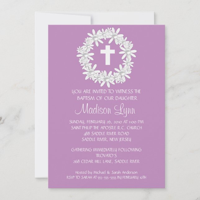 Cross Wreath Baby Girl Baptism Inviation Invitation (Front)