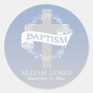 Cross Wreath   Berries Baby Boy Baptism Classic Round Sticker