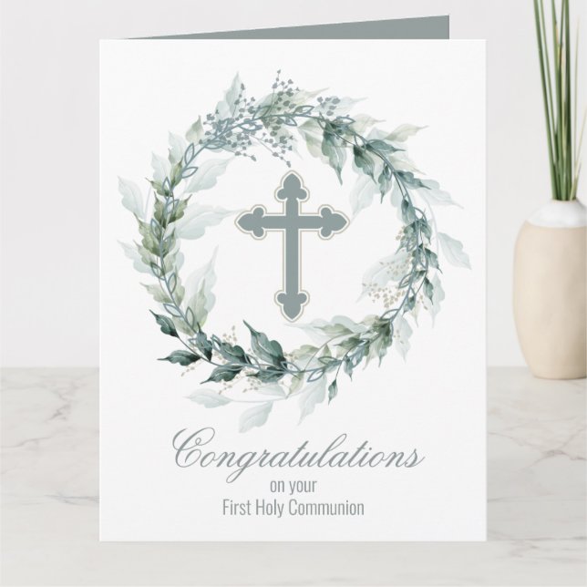 Cross Wreath First Communion Card (Front)