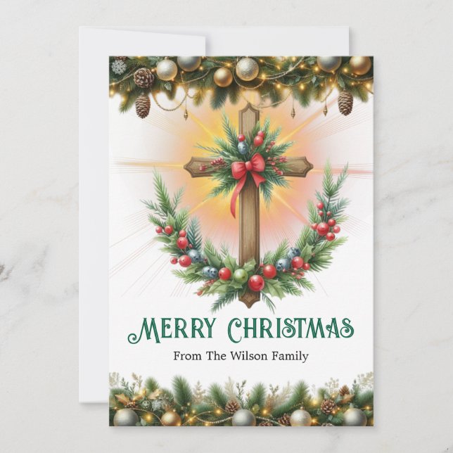 Cross Wreath with Berries and Pine, Christmas Holiday Card (Front)