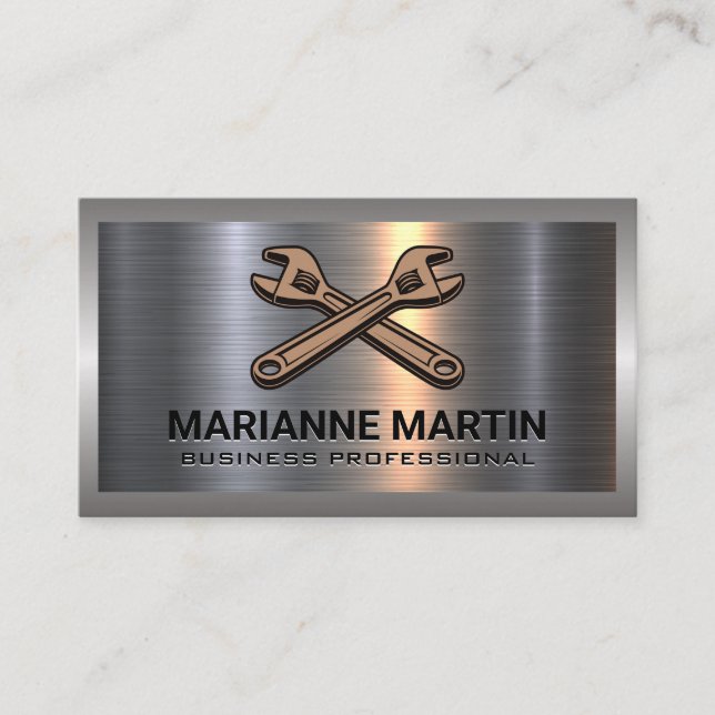 Cross Wrench Logo | Metal Aluminium Business Card (Front)