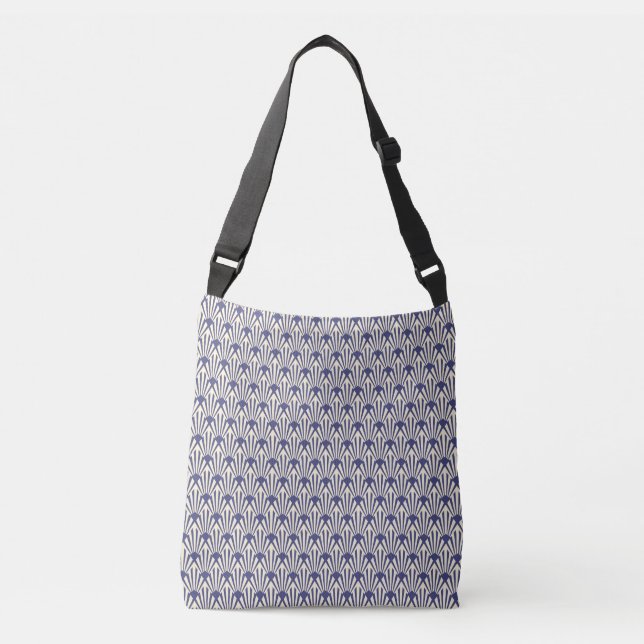 Crossbody Bag -Blue & White Art Deco Fan Pattern (Front)