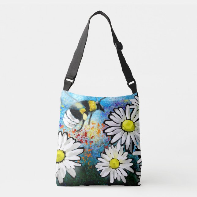 Crossbody Bag Purse - Whimsical Bee & Daisies Art (Front)