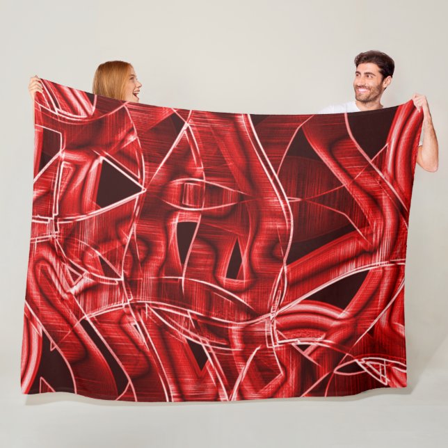 Crossed and overlapping red acrylic ribbon cutouts fleece blanket (In Situ)