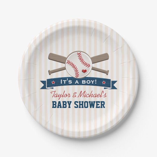 Crossed Bats Baseball Baby Shower Paper Plate (Front)