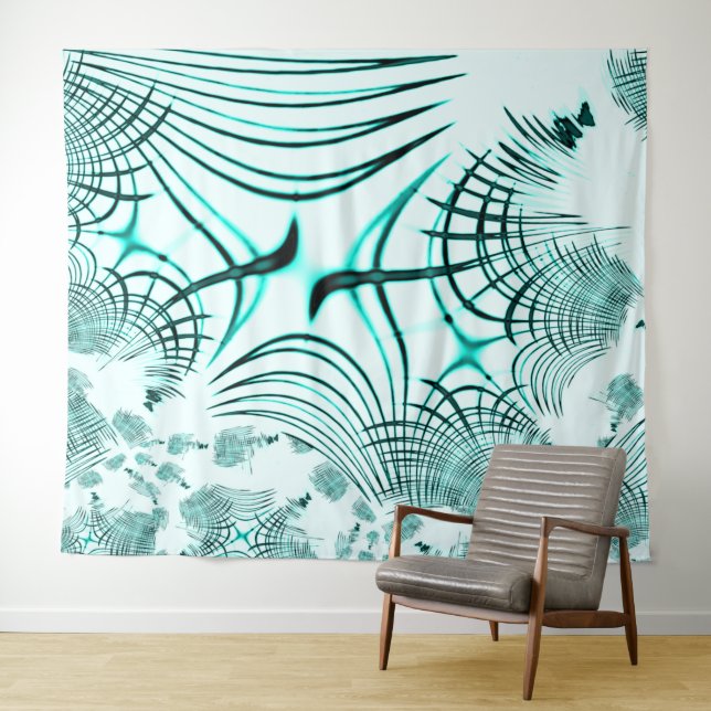 Crossed cyan aqua curved trace on light background tapestry (In Situ (Horizontal))