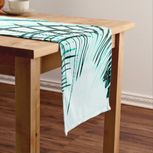 Crossed cyan curved traces on light background short table runner