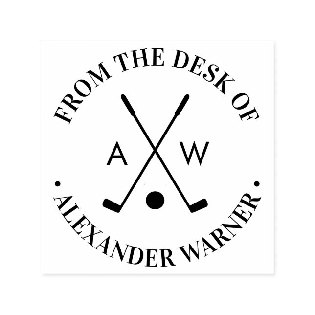 Crossed Golf Clubs Golf Ball Monogram ”desk of” Self-inking Stamp (Design)