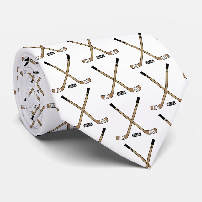 Crossed Hockey Sticks and Puck Brown Tie (Rolled)