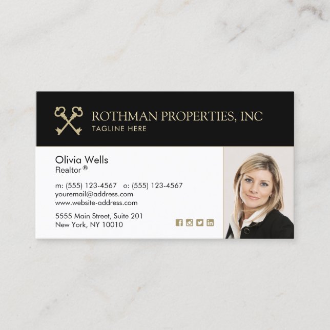 Crossed Keys Real Estate Agent  Add Photo Business Business Card (Front)