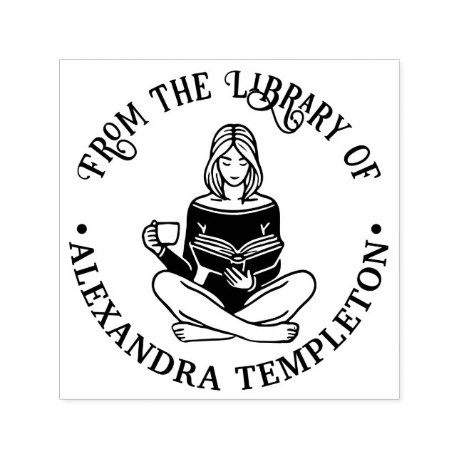 Crossed Legged Girl Reading #2 Library Book Name Self-inking Stamp (Design)