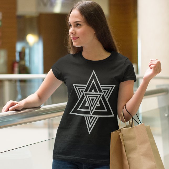 Crossed Line Star T-Shirt (Young beautiful lady posing in a shopping mall)