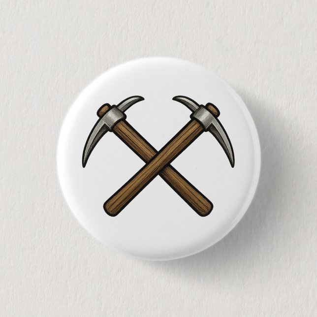 crossed mining pickaxes 3 cm round badge (Front)
