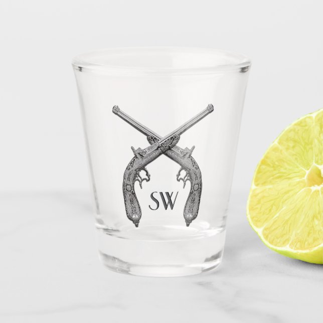 Crossed Pistol Monogram Shot Glass (Front)