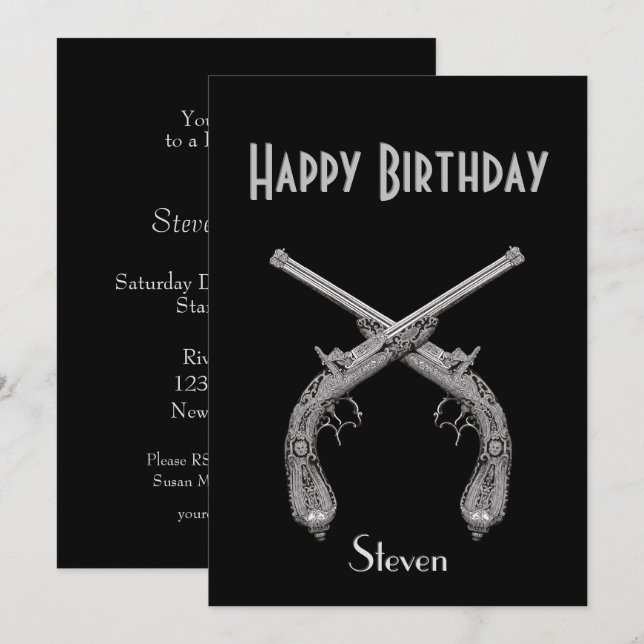 Crossed Pistols Black Birthday Party Invitation (Front/Back)