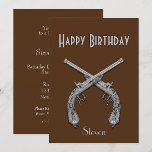 Crossed Pistols Brown Birthday Party Invitation