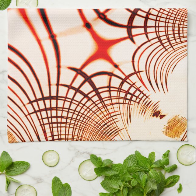 Crossed red brown curved traces, aged effect tea towel (Folded)