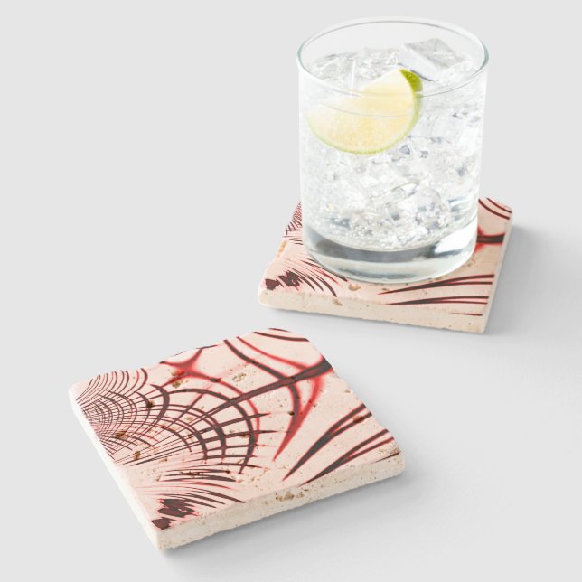 Crossed red curved traces on light background stone coaster (Side)
