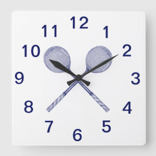 Crossed Squash Racquets Blue Square Wall Clock