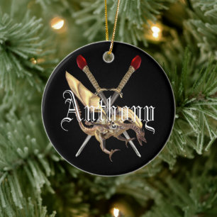 Crossed Swords With Dragon Personalised Ceramic Ornament
