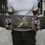 Crossed Swords With Dragon Personalised Skateboard<br><div class="desc">Ruby pommel swords cross behind a golden dragon on a black background with your name.</div>
