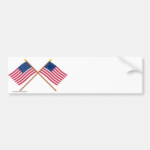 Crossed US 50 and 13-star Flags Bumper Sticker
