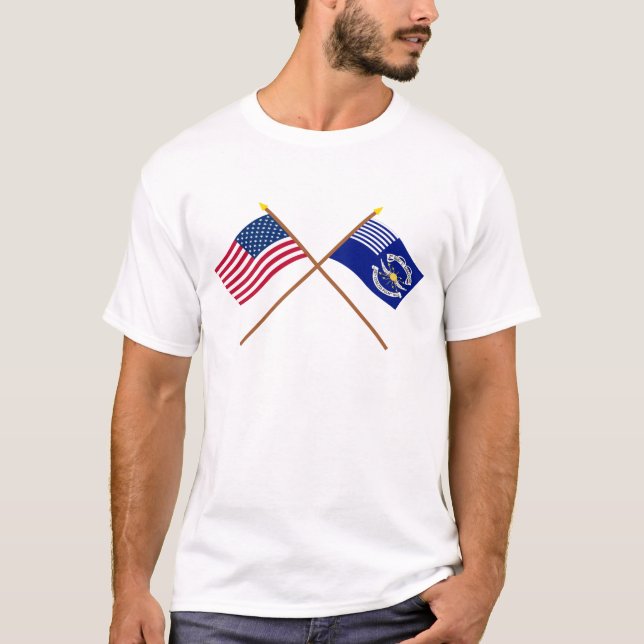 Crossed US and 2nd Regiment Light Dragoons Flags T-Shirt (Front)