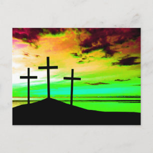 Crosses on a hill Colourful sunset GOD IS GOOD Postcard