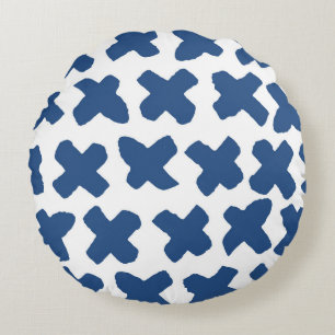 Crosses Shibori: Indigo Batik Pattern Round Cushion