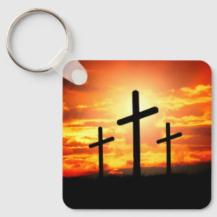 Crosses, Sunset Silhouettes Painting-67137 Key Ring