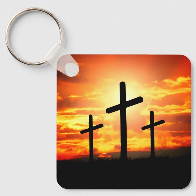 Crosses, Sunset Silhouettes Painting-67137 Key Ring (Front)